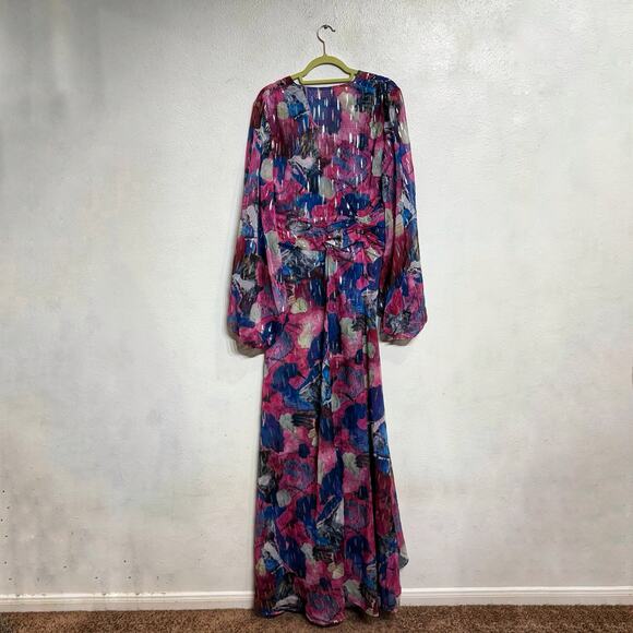 Adrienne Landau Floral Watercolor Draped High Slit Deep V Maxi Gown Sz 12 NWT - Picture 11 of 14